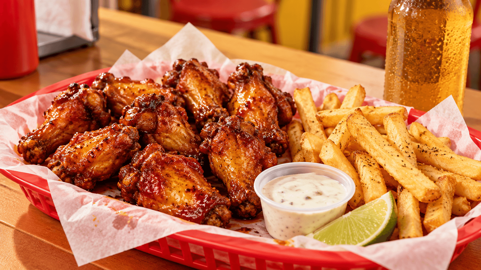 Illustrative Honey Hot chicken wings with fries, dipping sauce, and a lime wedge in a red takeout basket