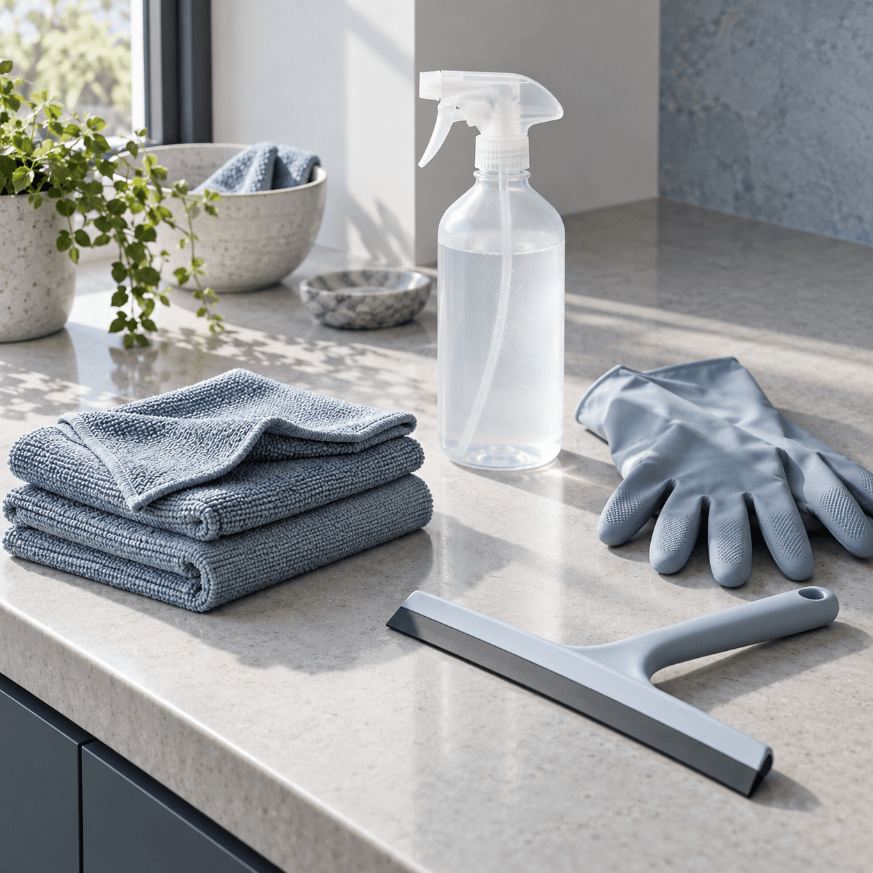 Folded cleaning cloths, an unbranded spray bottle, and brushes arranged on a counter