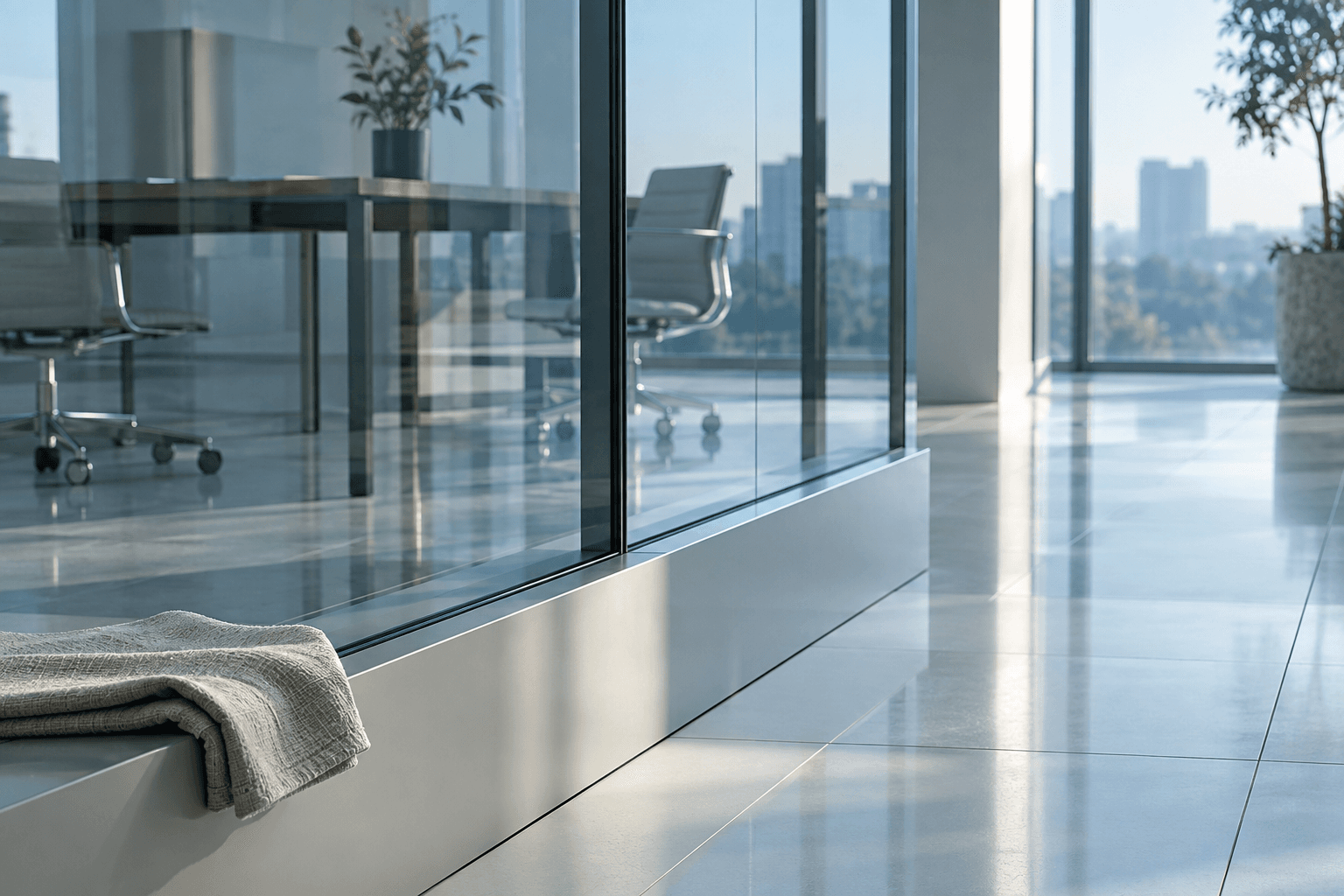 Clean glass partitions and pale tile in a quiet workspace