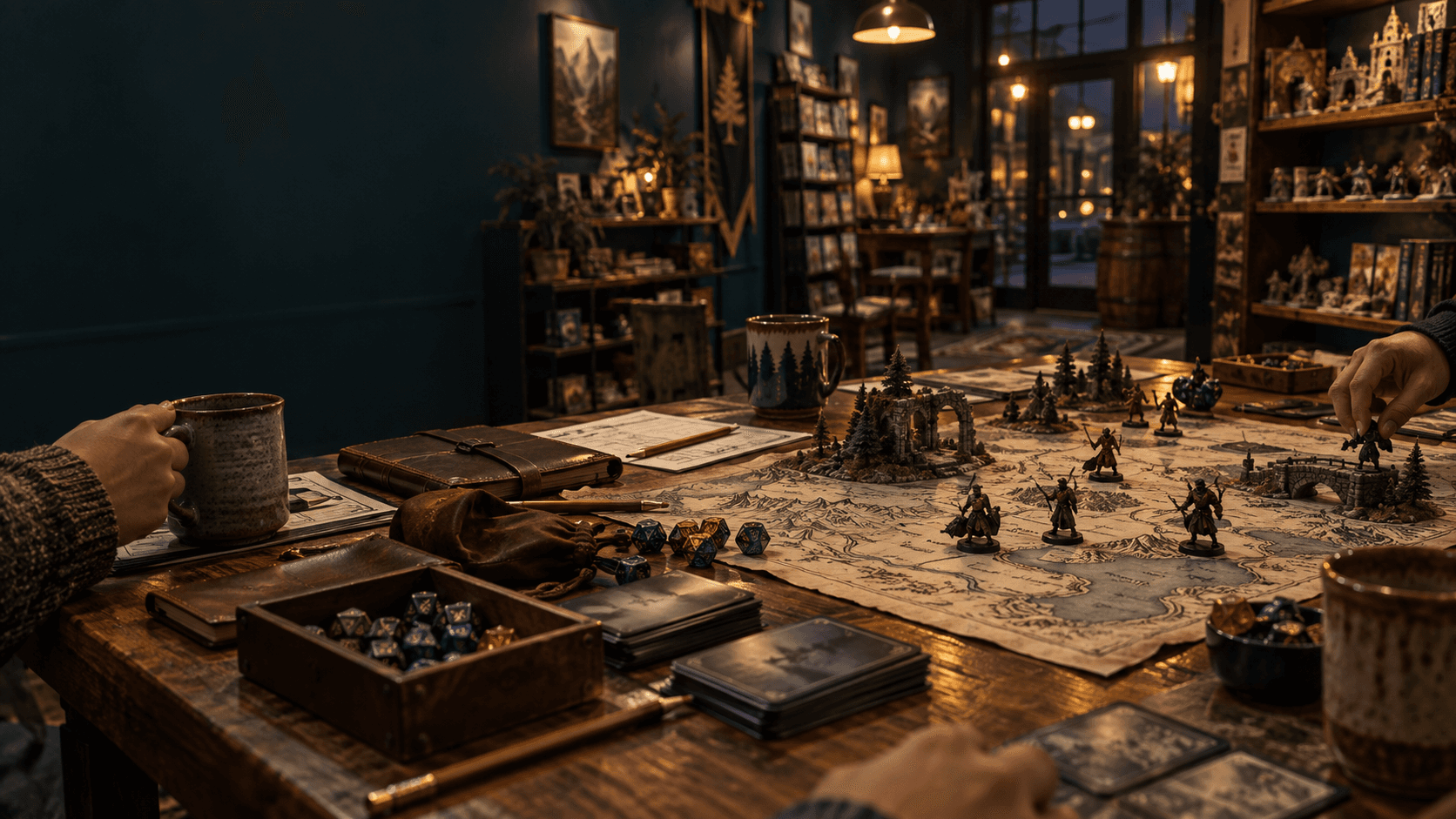 A fantasy campaign map, miniatures, dice, and warm drinks arranged on a game table