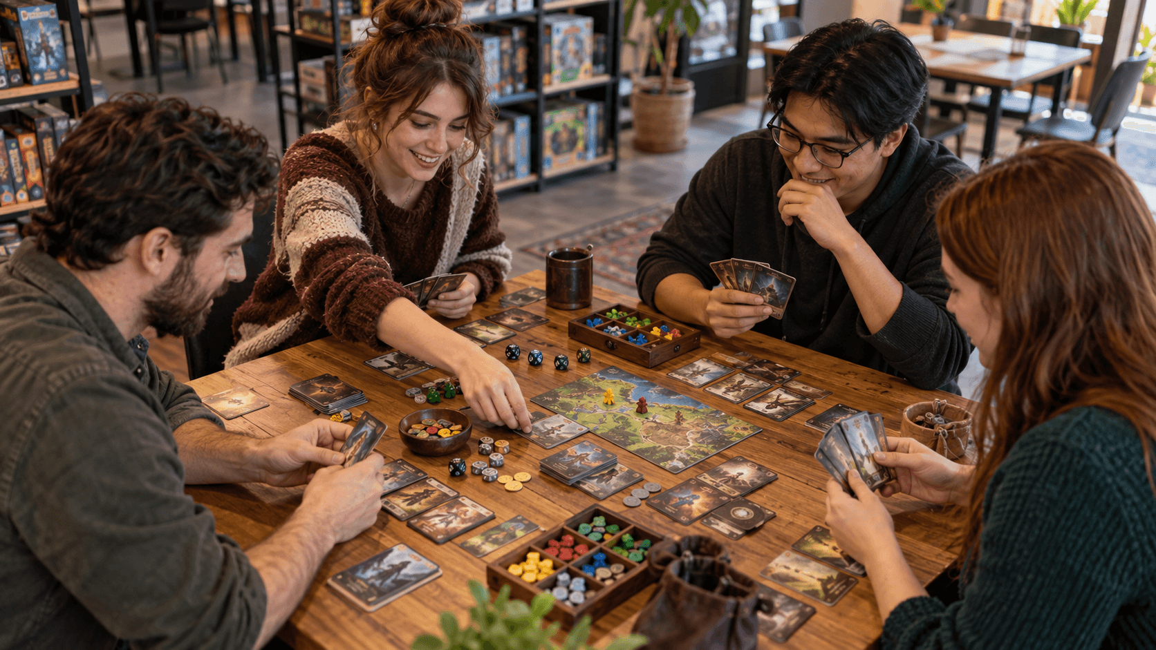 Friends playing cards and a fantasy tabletop game around a wooden table
