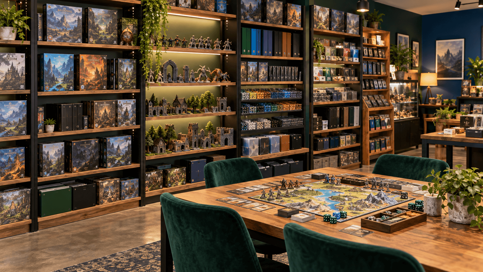 Shelves of tabletop games, dice, miniatures, and a demo game table