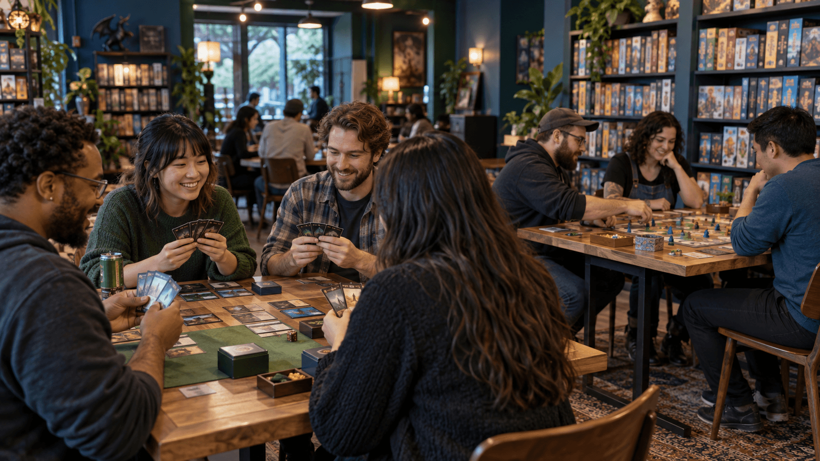 Friends playing tabletop games at communal tables inside a game store