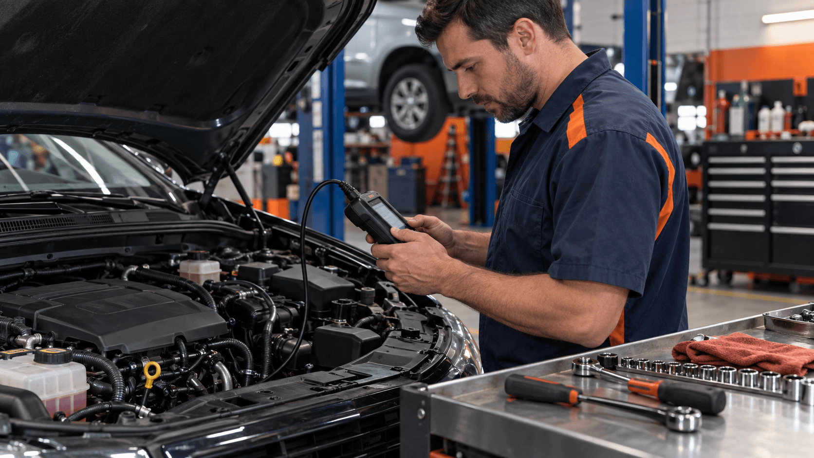 Mechanic using a scan tool to inspect an engine bay