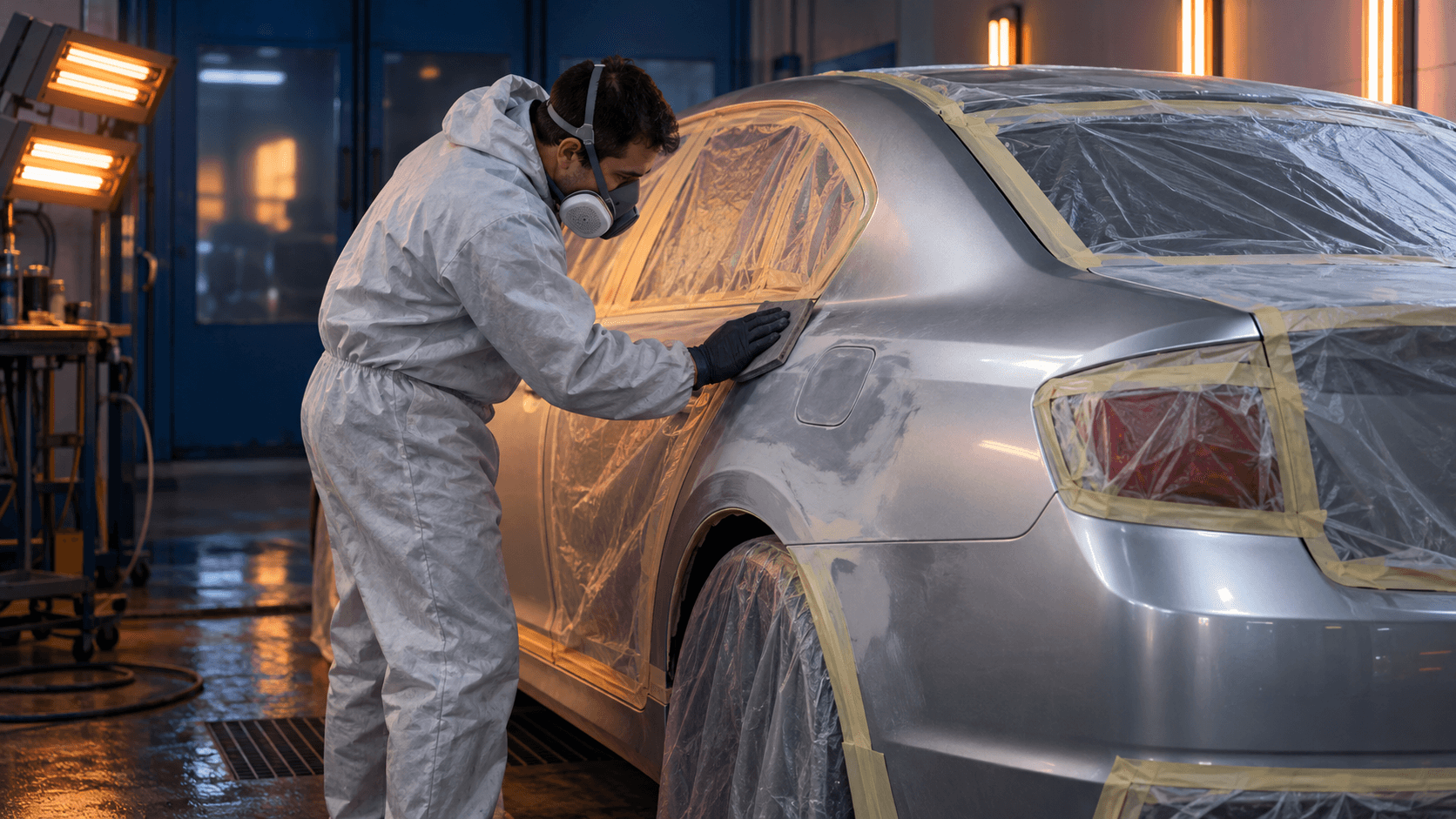 Technician preparing a silver sedan for body repair in a paint bay