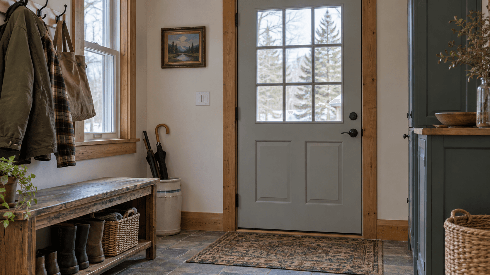 Wood-trimmed residential entryway with a door and storage bench