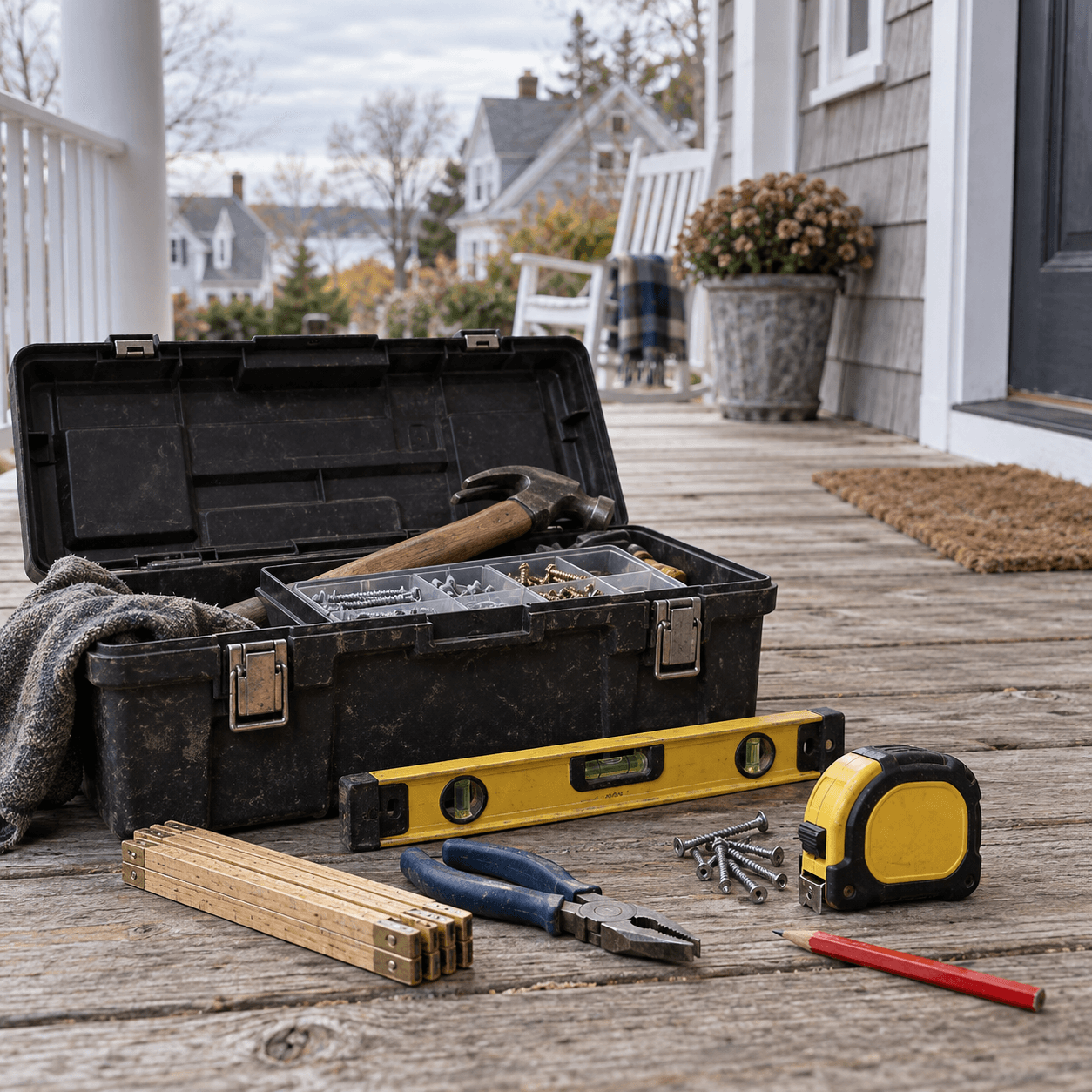 Open toolbox and hand tools arranged on porch boards
