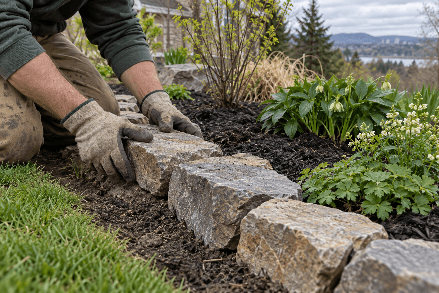 Gloved hands placing stone edging beside a fresh garden bed