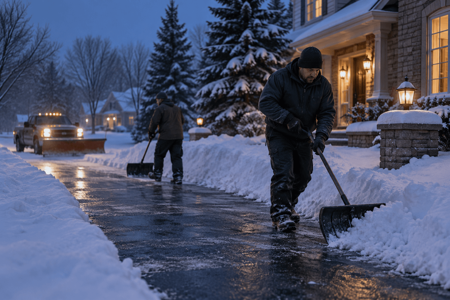 Crew clearing snow from a residential driveway at dusk