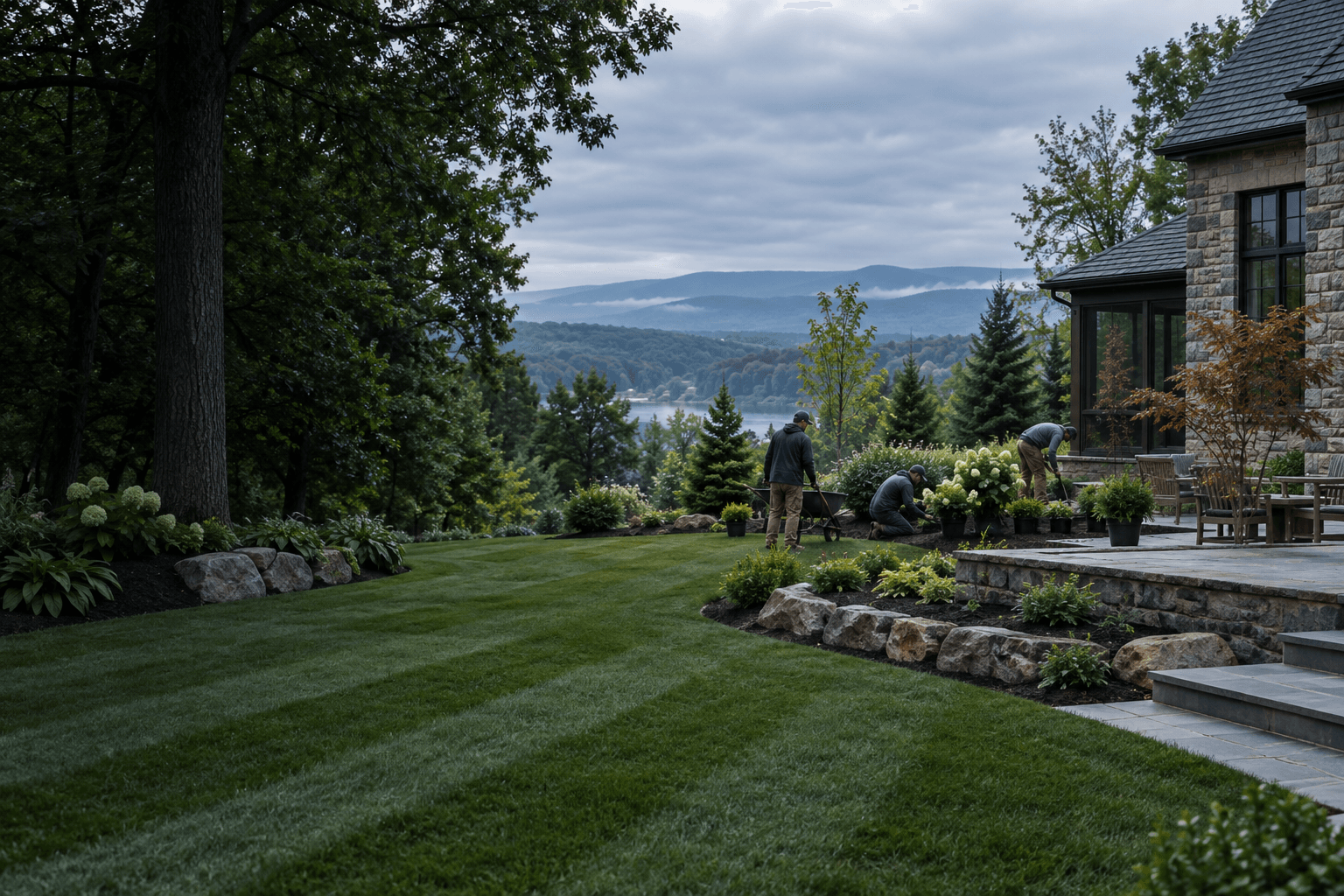 Landscape crew finishing a planted residential garden beside a stone terrace