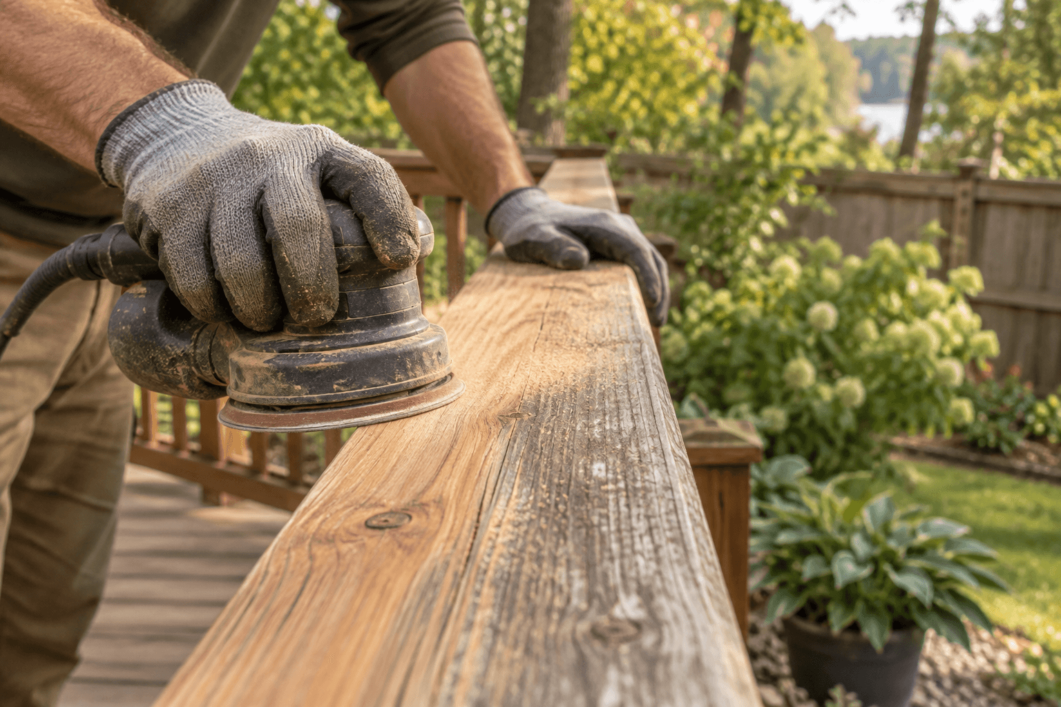Gloved hands using an orbital sander on a wooden deck railing
