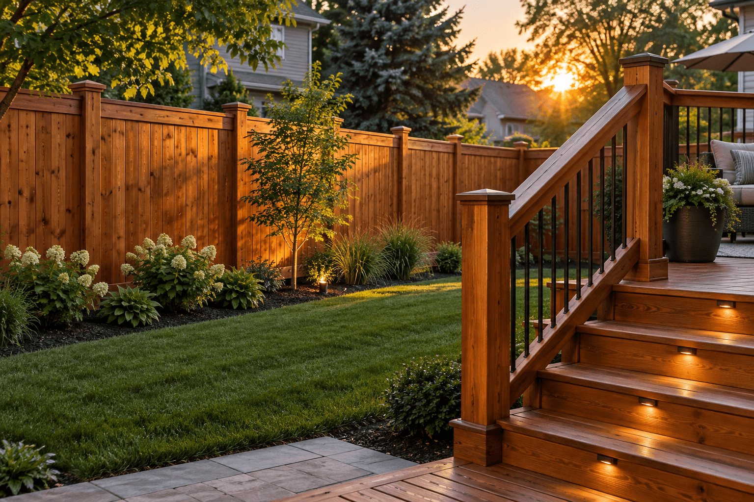 A wood fence beside a garden and wooden deck steps in evening sunlight