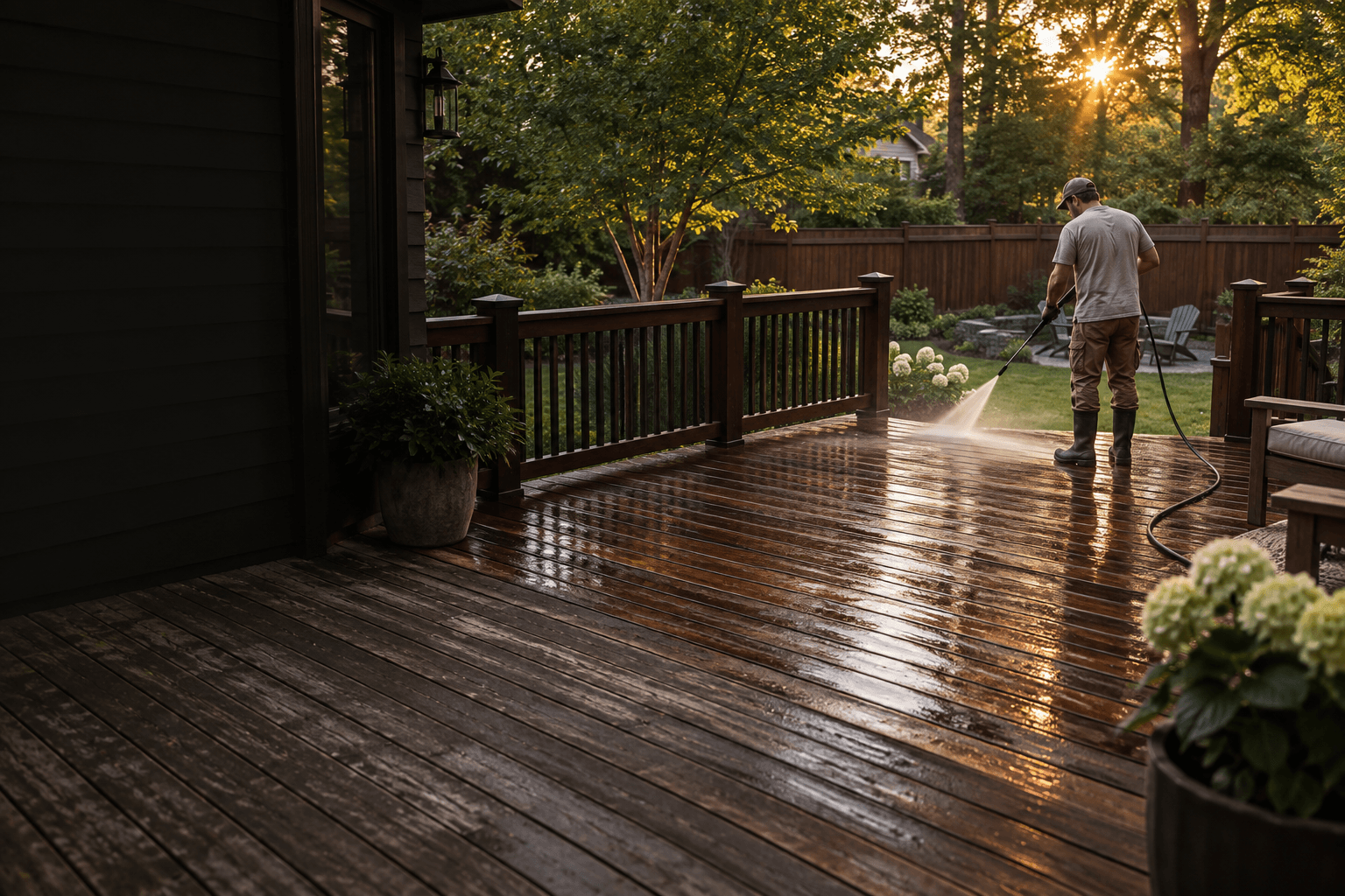A person pressure washing a wooden deck beside a house in evening light