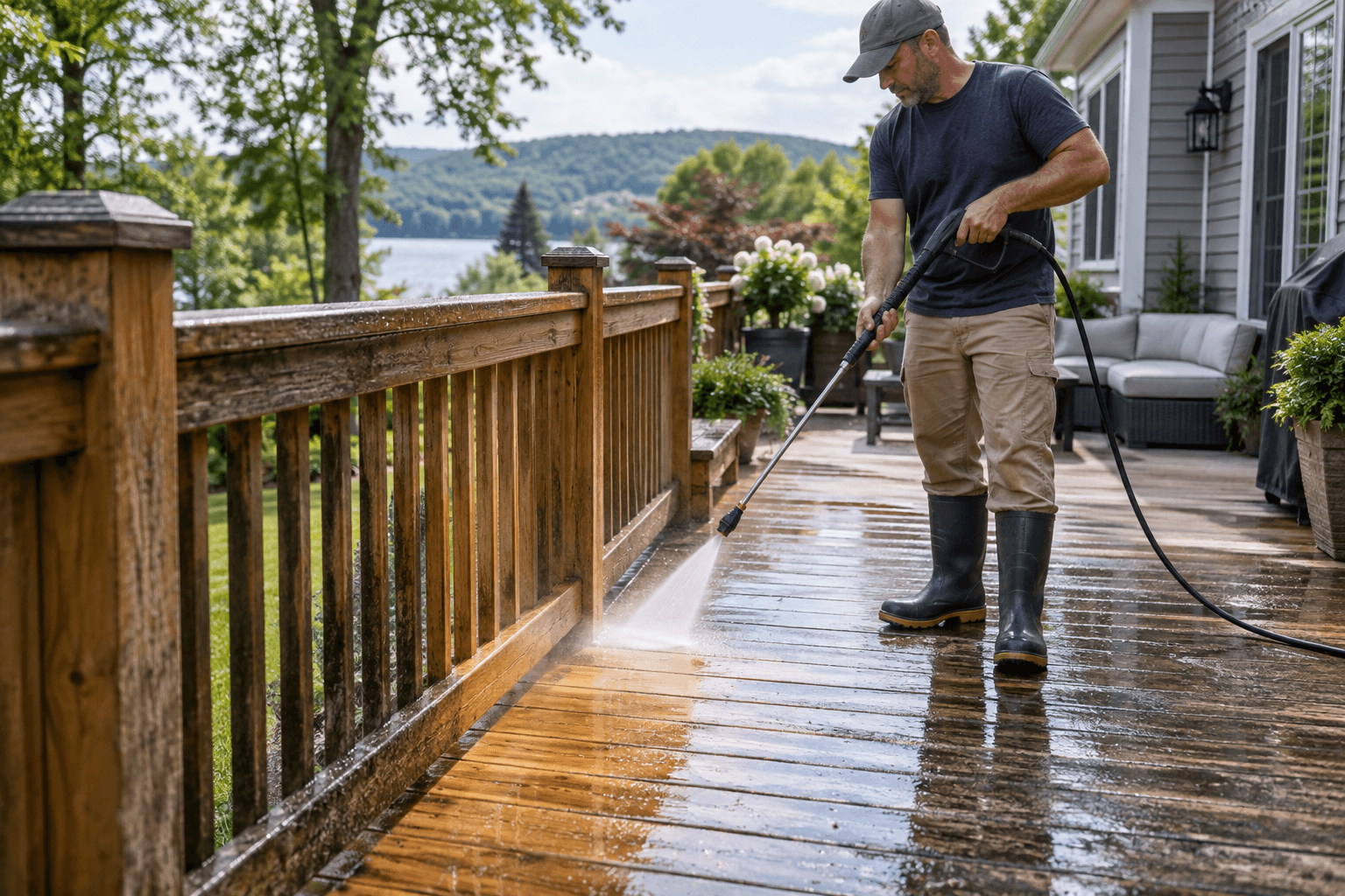 Technician pressure washing a wooden deck