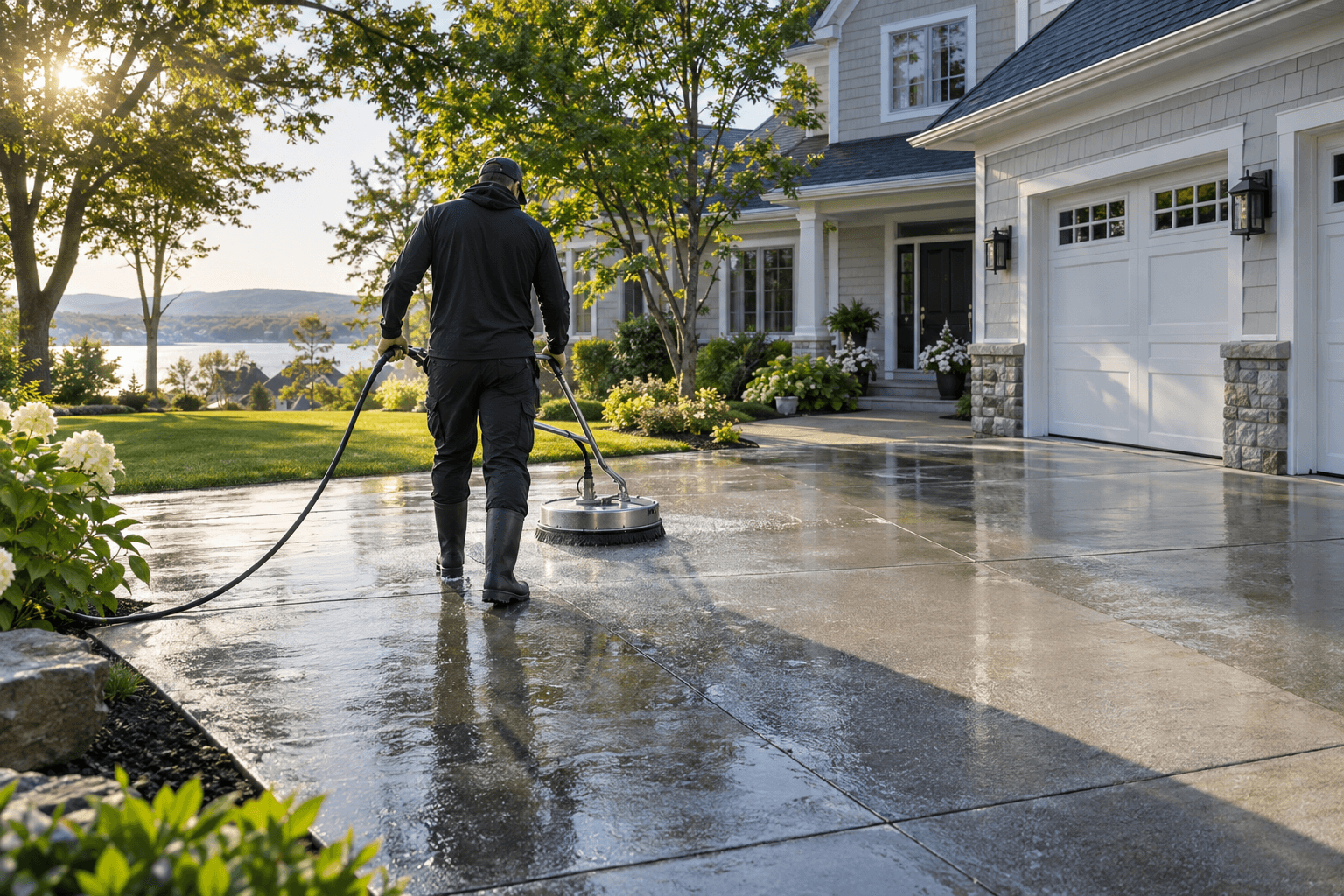 Technician using a surface cleaner on a residential driveway