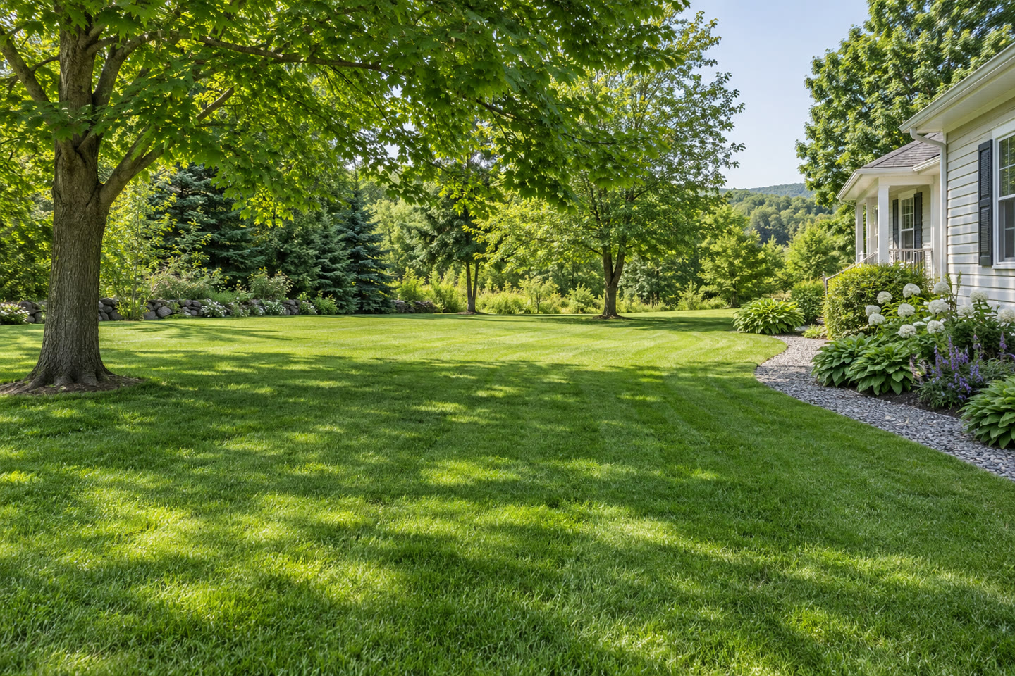 Summer garden border and neatly maintained grass