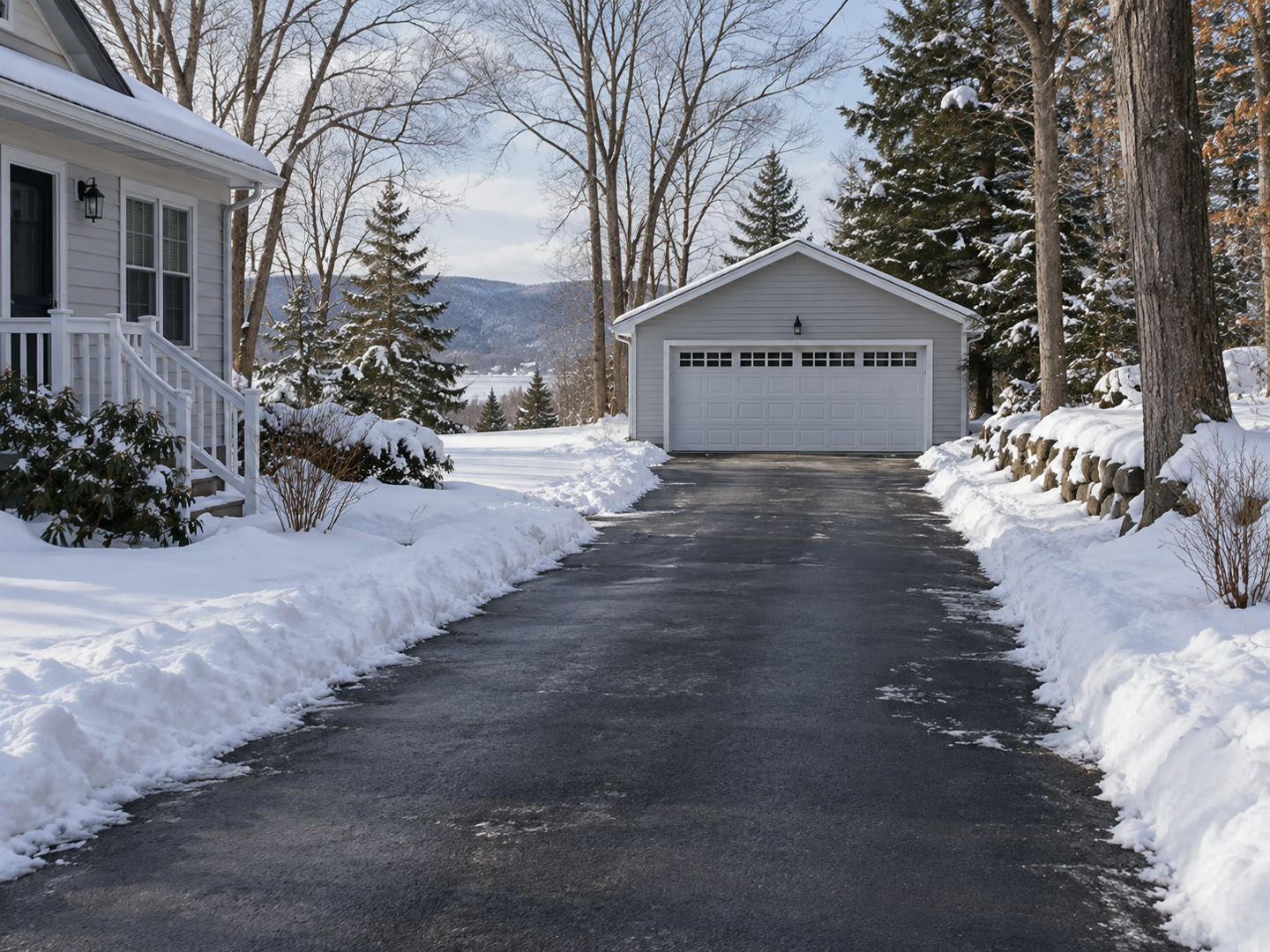 An open residential driveway bordered by snow and evergreen trees