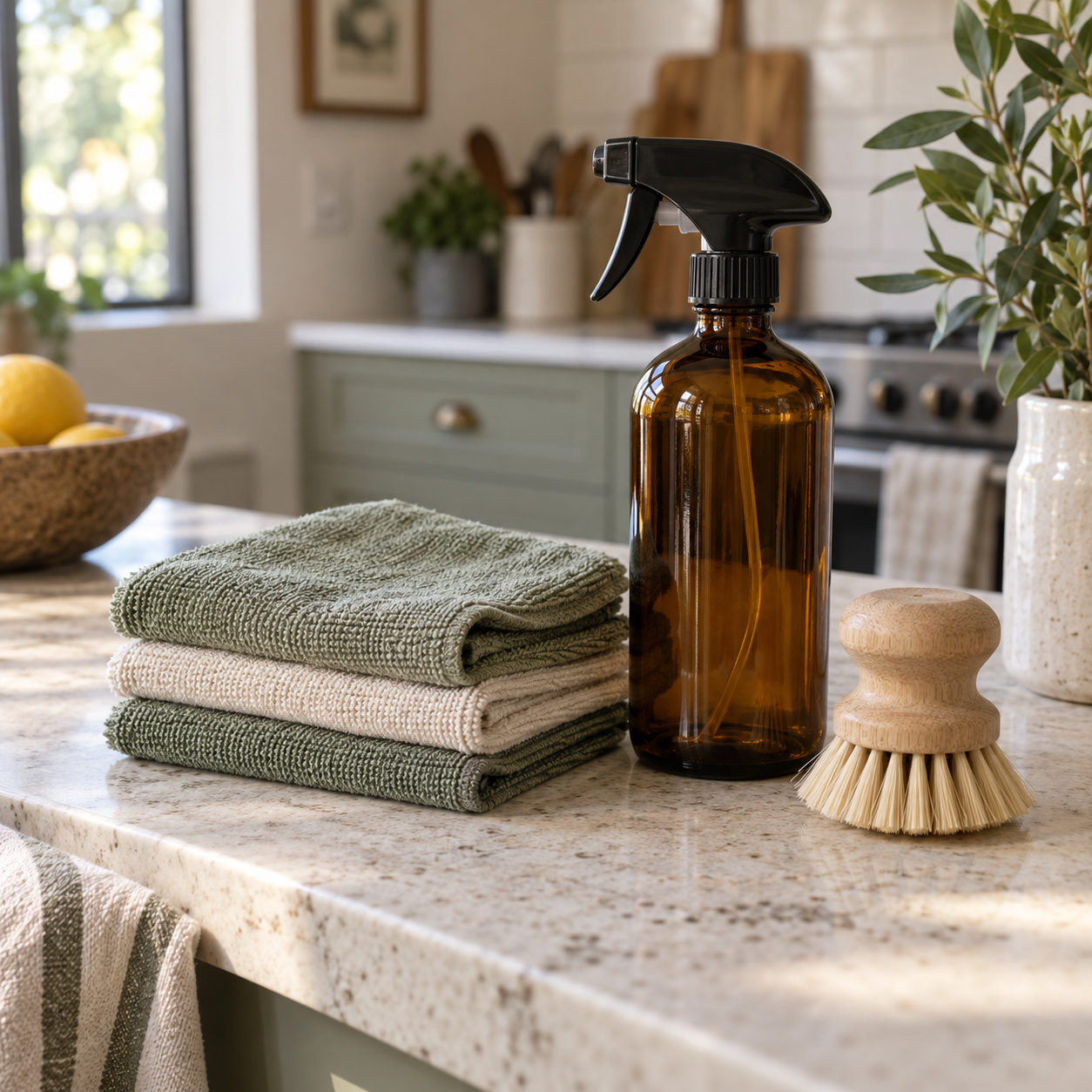 Unbranded cloths, brush, and cleaning bottle on a kitchen counter