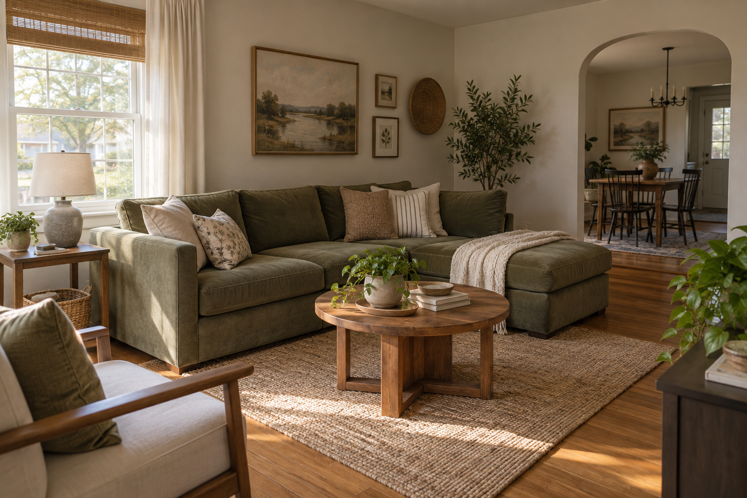 Sunlit residential living room with an olive sofa and wood floors