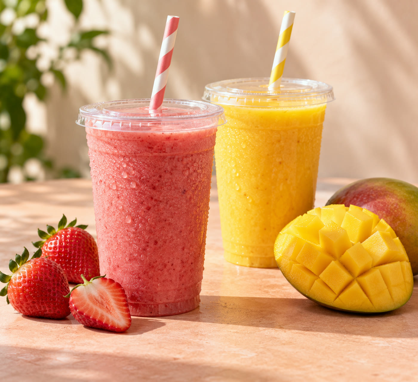 Pink and golden fruit smoothies with strawberries and mango